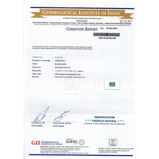 3.75 Ct Certified Untreated Natural Zambian Emerald Gemstone Panna
