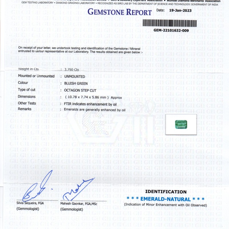 3.75 Ct Certified Untreated Natural Zambian Emerald Gemstone Panna 3.75 Ct Certified Untreated Natural Zambian Emerald Gemstone Panna