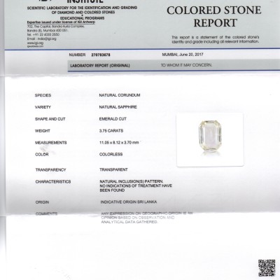 3.75 Ct IGI Certified Unheated Untreated Natural Premium White Sapphire 3.75 Ct IGI Certified Unheated Untreated Natural Premium White Sapphire