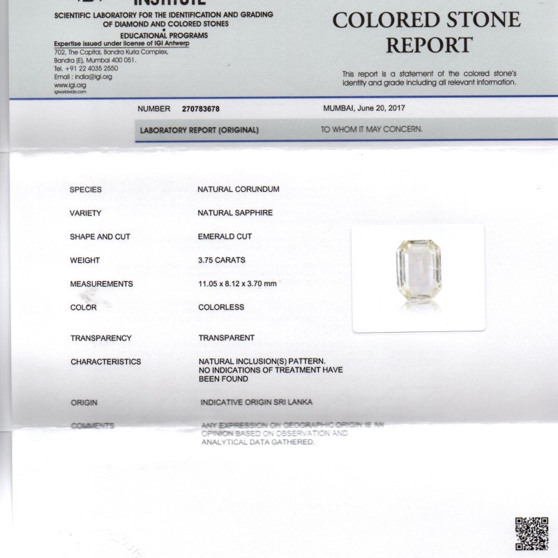 3.75 Ct IGI Certified Unheated Untreated Natural Premium White Sapphire 3.75 Ct IGI Certified Unheated Untreated Natural Premium White Sapphire