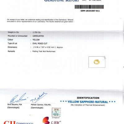 3.75 Ct GII Certified Unheated Untreated Natural Ceylon Yellow Sapphire 3.75 Ct GII Certified Unheated Untreated Natural Ceylon Yellow Sapphire