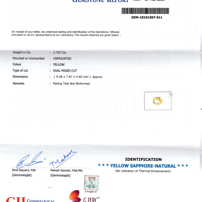 3.75 Ct GII Certified Unheated Untreated Natural Ceylon Yellow Sapphire 3.75 Ct GII Certified Unheated Untreated Natural Ceylon Yellow Sapphire