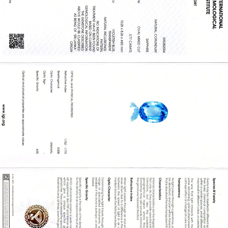 3.77 Ct IGI Certified Unheated Untreated Natural Ceylon Blue Sapphire AAA 3.77 Ct IGI Certified Unheated Untreated Natural Ceylon Blue Sapphire AAA