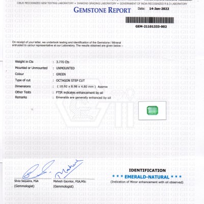 3.77 Ct GII Certified Untreated Natural Zambian Emerald Gemstone 3.77 Ct GII Certified Untreated Natural Zambian Emerald Gemstone