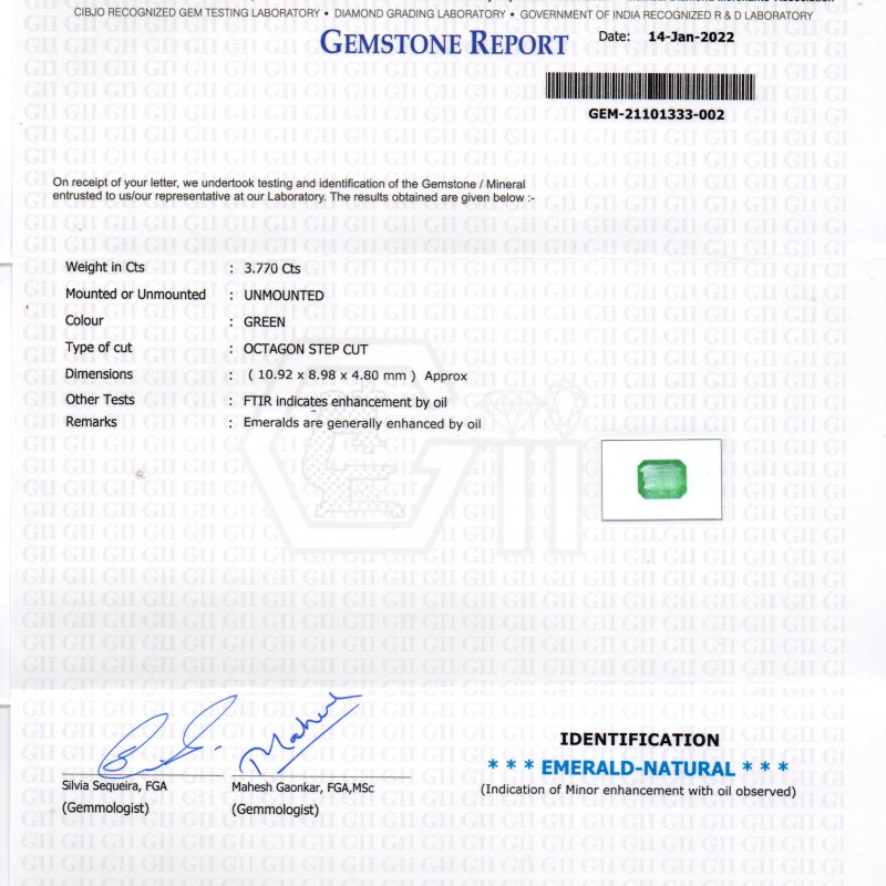 3.77 Ct GII Certified Untreated Natural Zambian Emerald Gemstone 3.77 Ct GII Certified Untreated Natural Zambian Emerald Gemstone