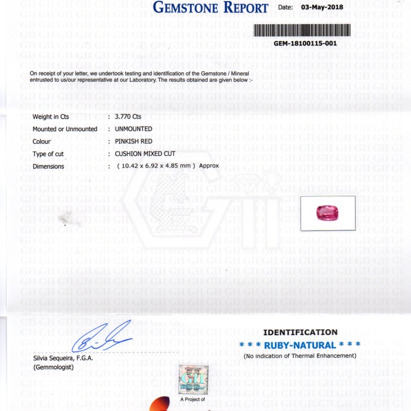 3.77 Ct GII Certified Unheated Untreated Natural Madagaskar Ruby 3.77 Ct GII Certified Unheated Untreated Natural Madagaskar Ruby