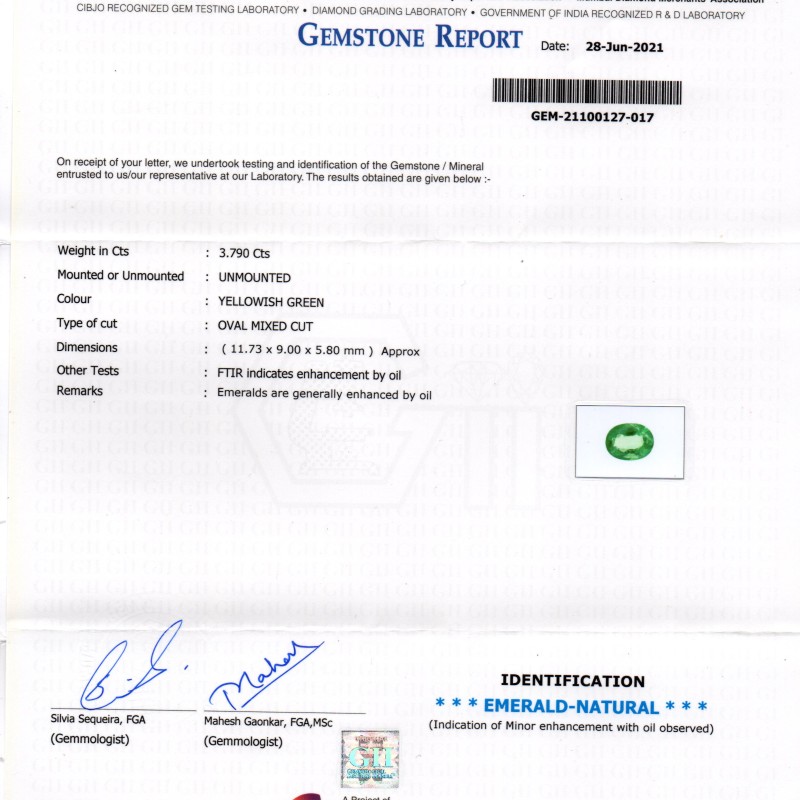 3.79 Ct GII Certified Untreated Natural Zambian Emerald Gemstone AAAAA