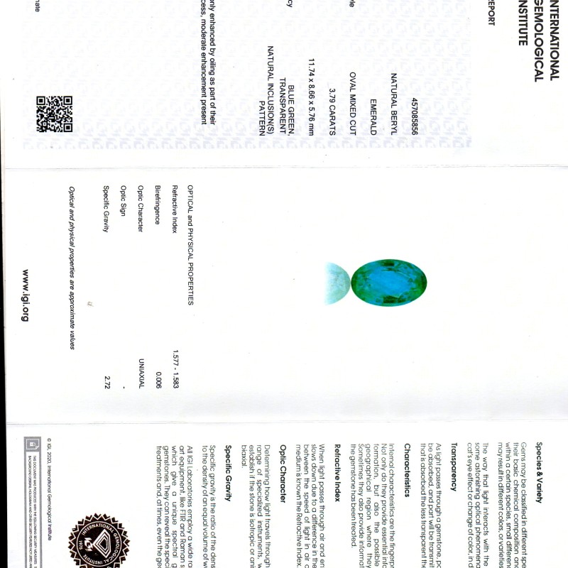 3.79 Ct IGI Certified Untreated Natural Zambian Emerald Gemstone 3.79 Ct IGI Certified Untreated Natural Zambian Emerald Gemstone