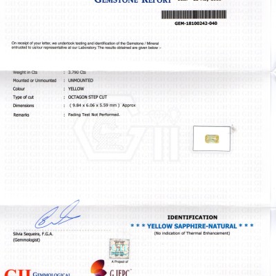 3.79 Ct GII Certified Unheated Untreated Natural Ceylon Yellow Sapphire 3.79 Ct GII Certified Unheated Untreated Natural Ceylon Yellow Sapphire