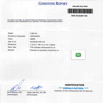 3.80 Ct GII Certified Untreated Natural Zambian Emerald Gemstone Panna AAA