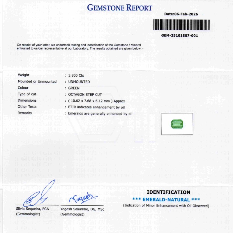 3.80 Ct GII Certified Untreated Natural Zambian Emerald Gemstone Panna AAA
