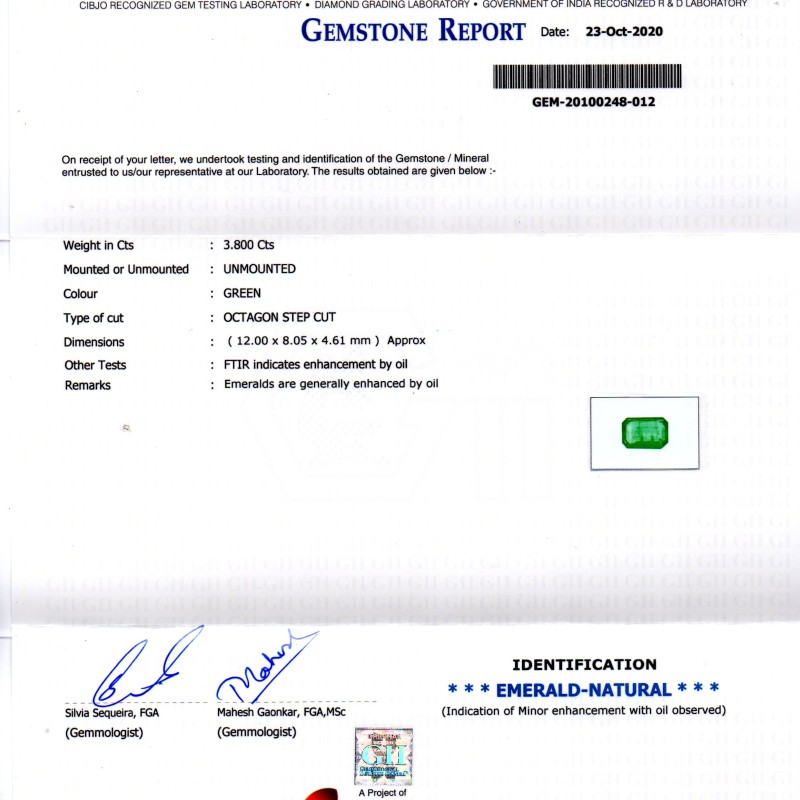3.80 Ct GII Certified Untreated Natural Zambian Emerald Gems AA 3.80 Ct GII Certified Untreated Natural Zambian Emerald Gems AA