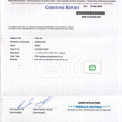 3.83 Ct GII Certified Untreated Natural Zambian Emerald Gemstone 3.83 Ct GII Certified Untreated Natural Zambian Emerald Gemstone