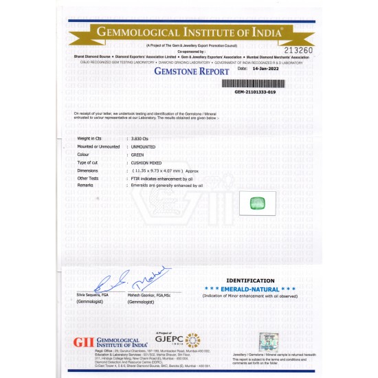 3.83 Ct GII Certified Untreated Natural Zambian Emerald Gemstone