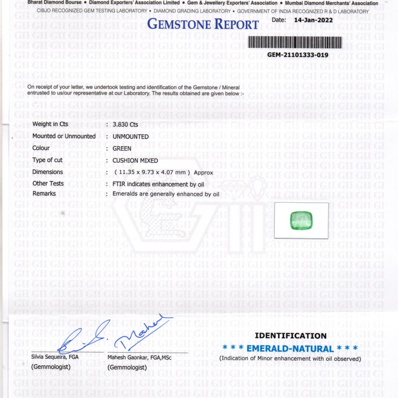 3.83 Ct GII Certified Untreated Natural Zambian Emerald Gemstone 3.83 Ct GII Certified Untreated Natural Zambian Emerald Gemstone
