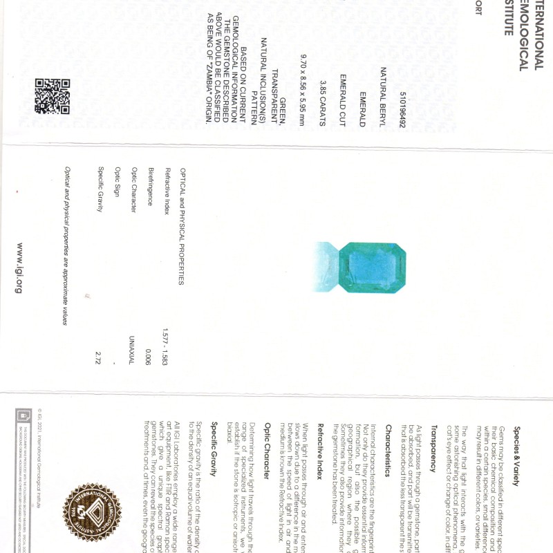 3.85 Ct IGI Certified Untreated Natural Zambian Emerald Gemstone 3.85 Ct IGI Certified Untreated Natural Zambian Emerald Gemstone