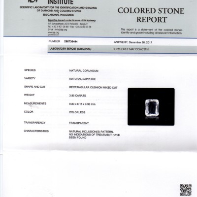 3.85 Ct IGI Certified Unheated Untreated Natural Premium White Sapphire 3.85 Ct IGI Certified Unheated Untreated Natural Premium White Sapphire
