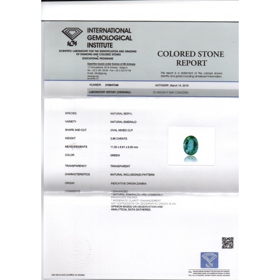 3.86 Ct Untreated Natural IGI Certified Zambian Emerald Gemstone AA