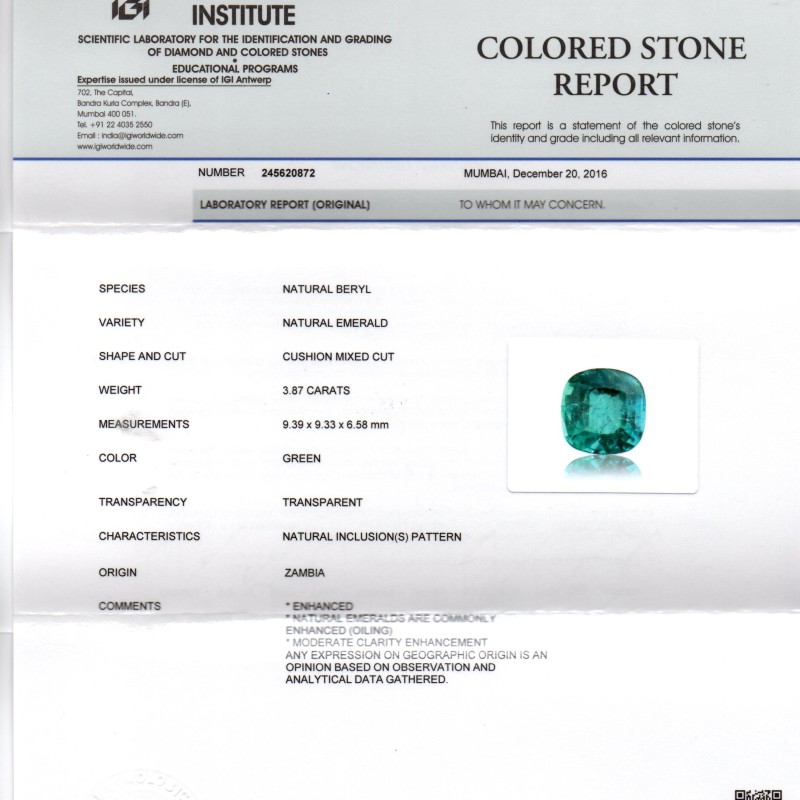 3.87 Ct Untreated Natural Zambian Emerald Gemstone Panna AAAA
