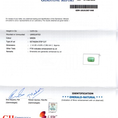 3.87 Ct Untreated Natural Zambian Emerald Gemstone Panna Gems AAA