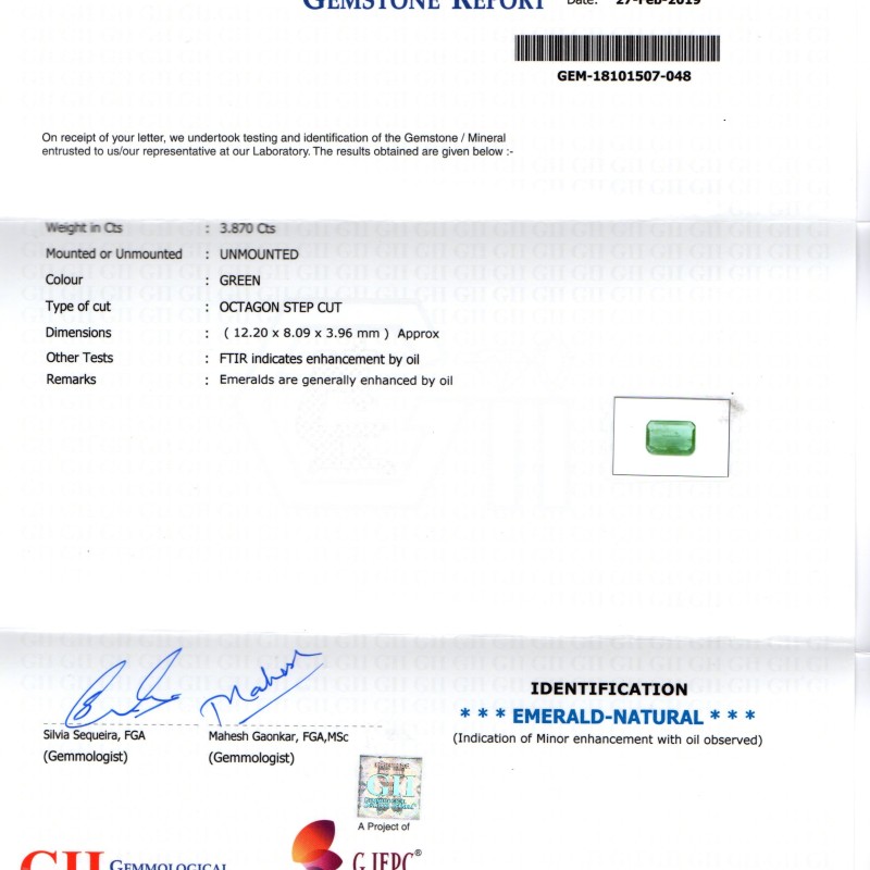 3.87 Ct Untreated Natural Zambian Emerald Gemstone Panna Gems AAA