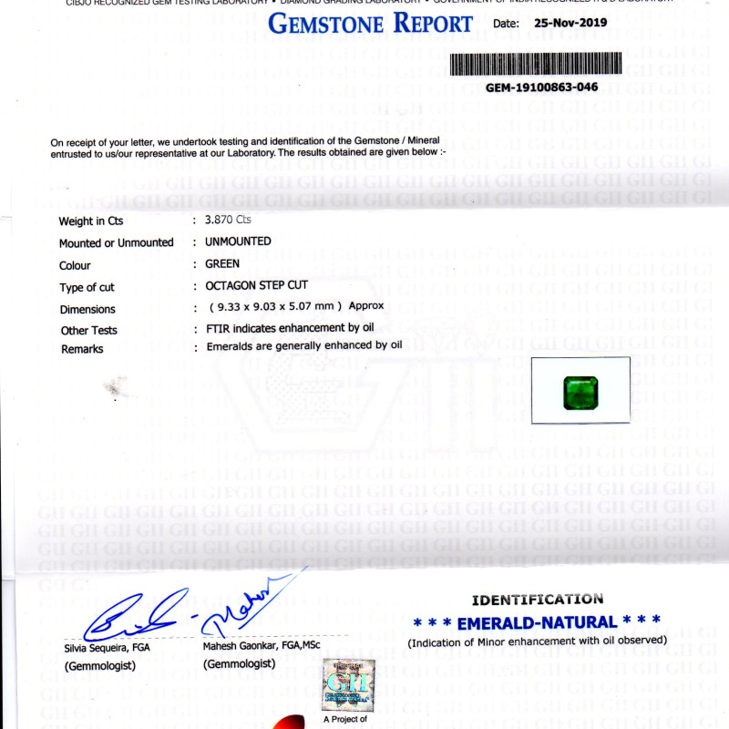 3.87 Ct GII Certified Untreated Natural Zambian Emerald Gemstone