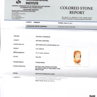 3.87 Ct IGI Certified Unheated Untreated Natural Ceylon Yellow Sapphire 3.87 Ct IGI Certified Unheated Untreated Natural Ceylon Yellow Sapphire