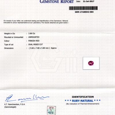 3.88 Ct GII Certified Unheated Untreated Natural Madagaskar Ruby AAAA 3.88 Ct GII Certified Unheated Untreated Natural Madagaskar Ruby AAAA
