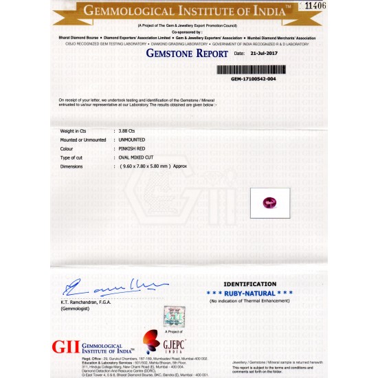 3.88 Ct GII Certified Unheated Untreated Natural Madagaskar Ruby AAAA