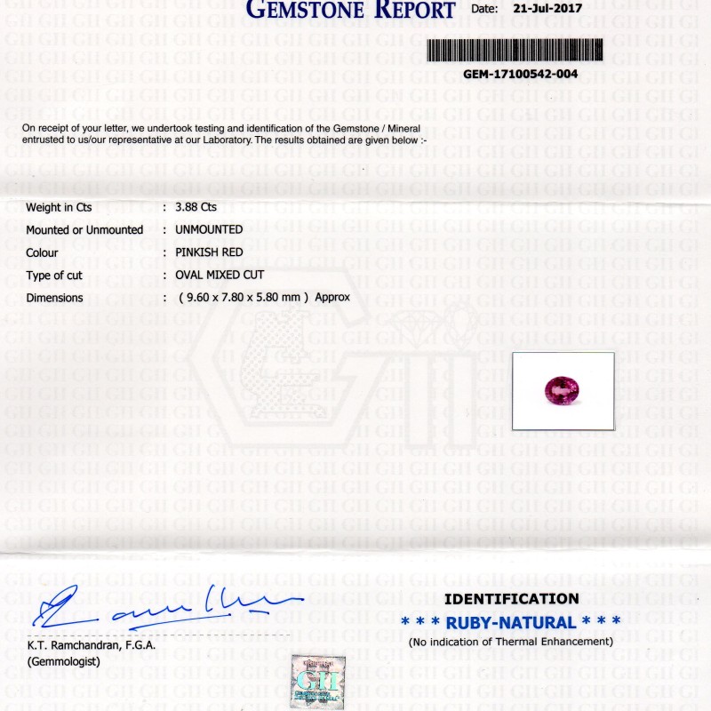 3.88 Ct GII Certified Unheated Untreated Natural Madagaskar Ruby AAAA 3.88 Ct GII Certified Unheated Untreated Natural Madagaskar Ruby AAAA