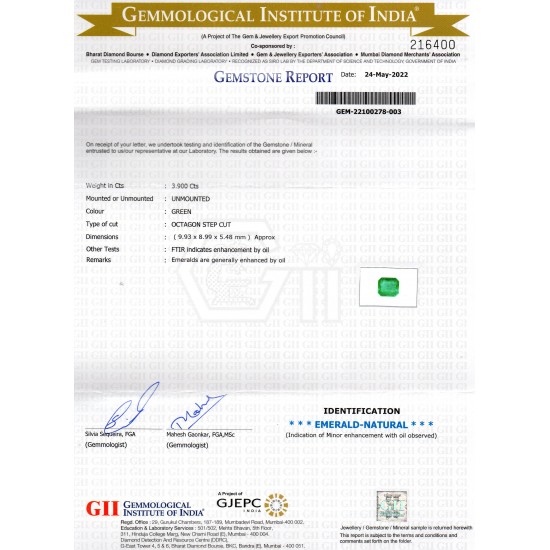 3.90 Ct GII Certified Untreated Natural Zambian Emerald Gemstone AAA