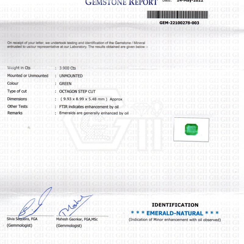 3.90 Ct GII Certified Untreated Natural Zambian Emerald Gemstone AAA