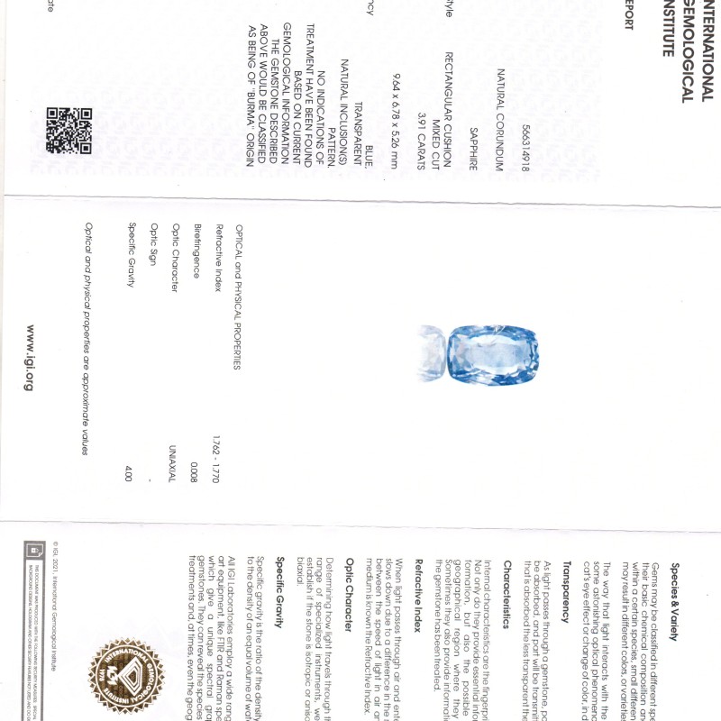 3.91 Ct IGI Certified Unheaated Untreated Natural Burma Blue Sapphire AA 3.91 Ct IGI Certified Unheaated Untreated Natural Burma Blue Sapphire AA
