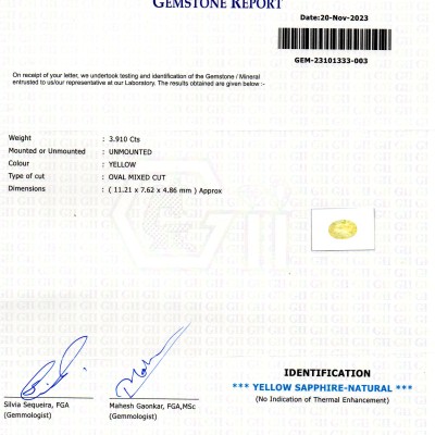 3.91 Ct GII Certified Unheated Untreated Natural Ceylon Yellow Sapphire 3.91 Ct GII Certified Unheated Untreated Natural Ceylon Yellow Sapphire