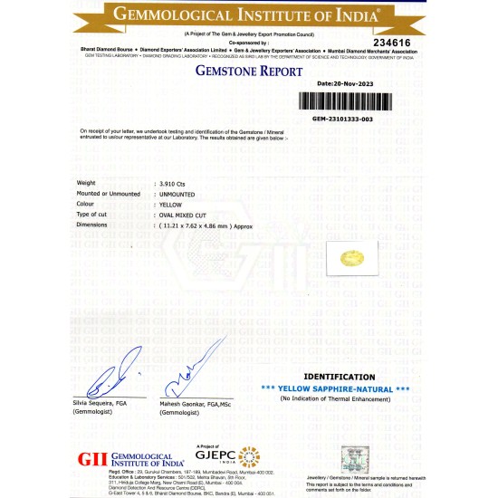 3.91 Ct GII Certified Unheated Untreated Natural Ceylon Yellow Sapphire