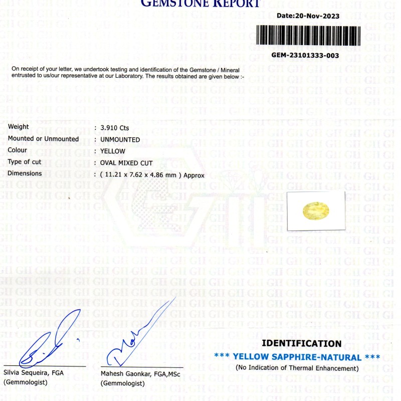 3.91 Ct GII Certified Unheated Untreated Natural Ceylon Yellow Sapphire 3.91 Ct GII Certified Unheated Untreated Natural Ceylon Yellow Sapphire