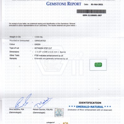 3.93 Ct GII Certified Untreated Natural Zambian Emerald Gemstone AAA 3.93 Ct GII Certified Untreated Natural Zambian Emerald Gemstone AAA