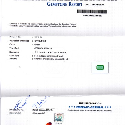 3.94 Ct GII Certified Untreated Natural Zambian Emerald Gems AAAA 3.94 Ct GII Certified Untreated Natural Zambian Emerald Gems AAAA