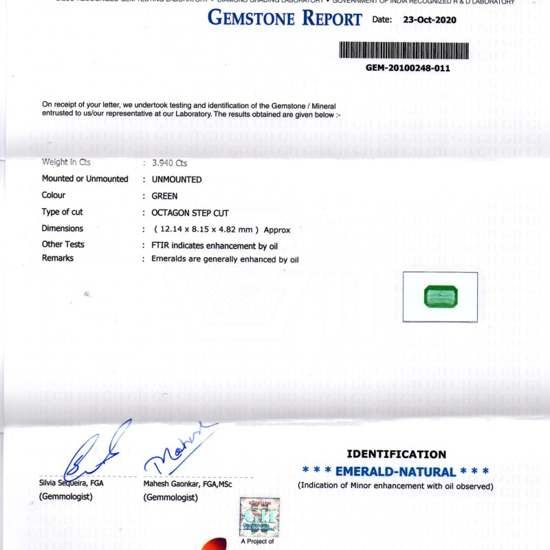 3.94 Ct GII Certified Untreated Natural Zambian Emerald Gems AAAA 3.94 Ct GII Certified Untreated Natural Zambian Emerald Gems AAAA