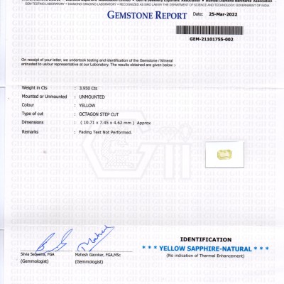 3.95 Ct GII Certified Unheated Untreated Natural Ceylon Yellow Sapphire AA 3.95 Ct GII Certified Unheated Untreated Natural Ceylon Yellow Sapphire AA