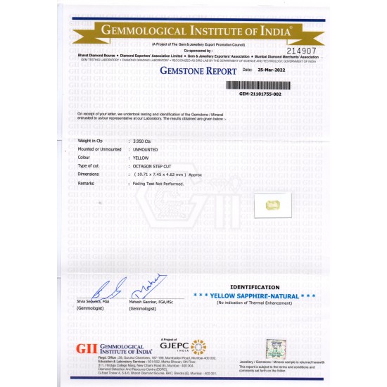 3.95 Ct GII Certified Unheated Untreated Natural Ceylon Yellow Sapphire AA