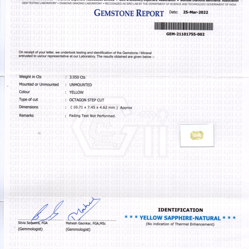 3.95 Ct GII Certified Unheated Untreated Natural Ceylon Yellow Sapphire AA 3.95 Ct GII Certified Unheated Untreated Natural Ceylon Yellow Sapphire AA