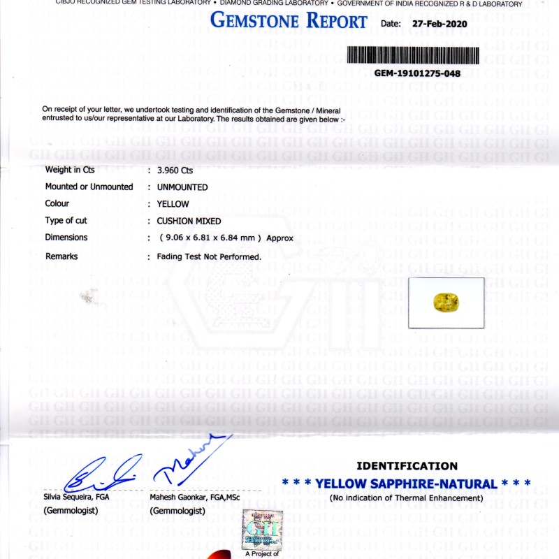 3.96 Ct GII Certified Unheated Untreated Natural Ceylon Yellow Sapphire