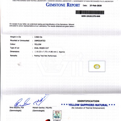 3.96 Ct GII Certified Unheated Untreated Natural Ceylon Yellow Sapphire 3.96 Ct GII Certified Unheated Untreated Natural Ceylon Yellow Sapphire