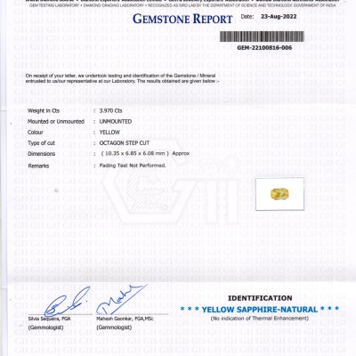 3.97 Ct GII Certified Unheated Untreated Natural Ceylon Yellow Sapphire