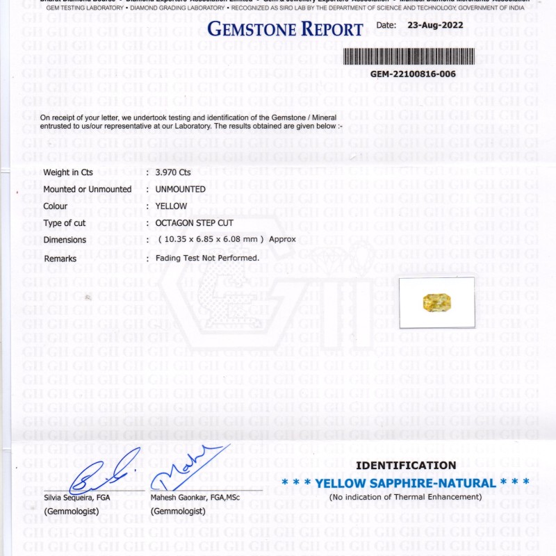 3.97 Ct GII Certified Unheated Untreated Natural Ceylon Yellow Sapphire