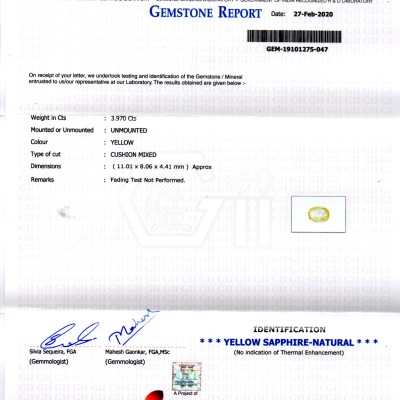 3.97 Ct GII Certified Unheated Untreated Natural Ceylon Yellow Sapphire 3.97 Ct GII Certified Unheated Untreated Natural Ceylon Yellow Sapphire