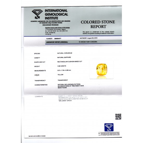3.98 Ct IGI Certified Unheated Untreated Natural Ceylon Yellow Sapphire