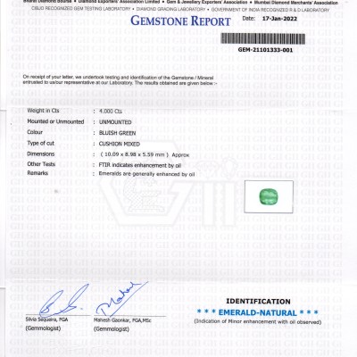 4.00 Ct GII Certified Untreated Natural Zambian Emerald Gemstone