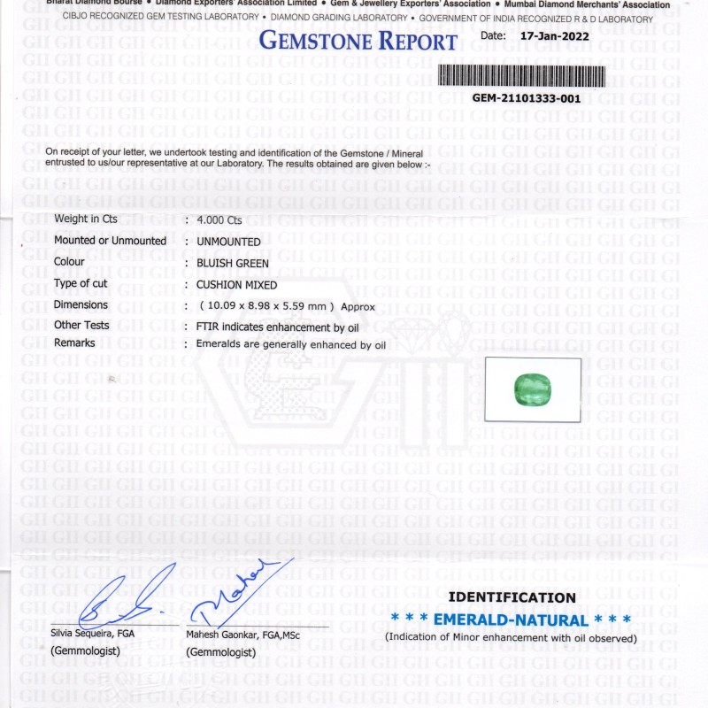4.00 Ct GII Certified Untreated Natural Zambian Emerald Gemstone